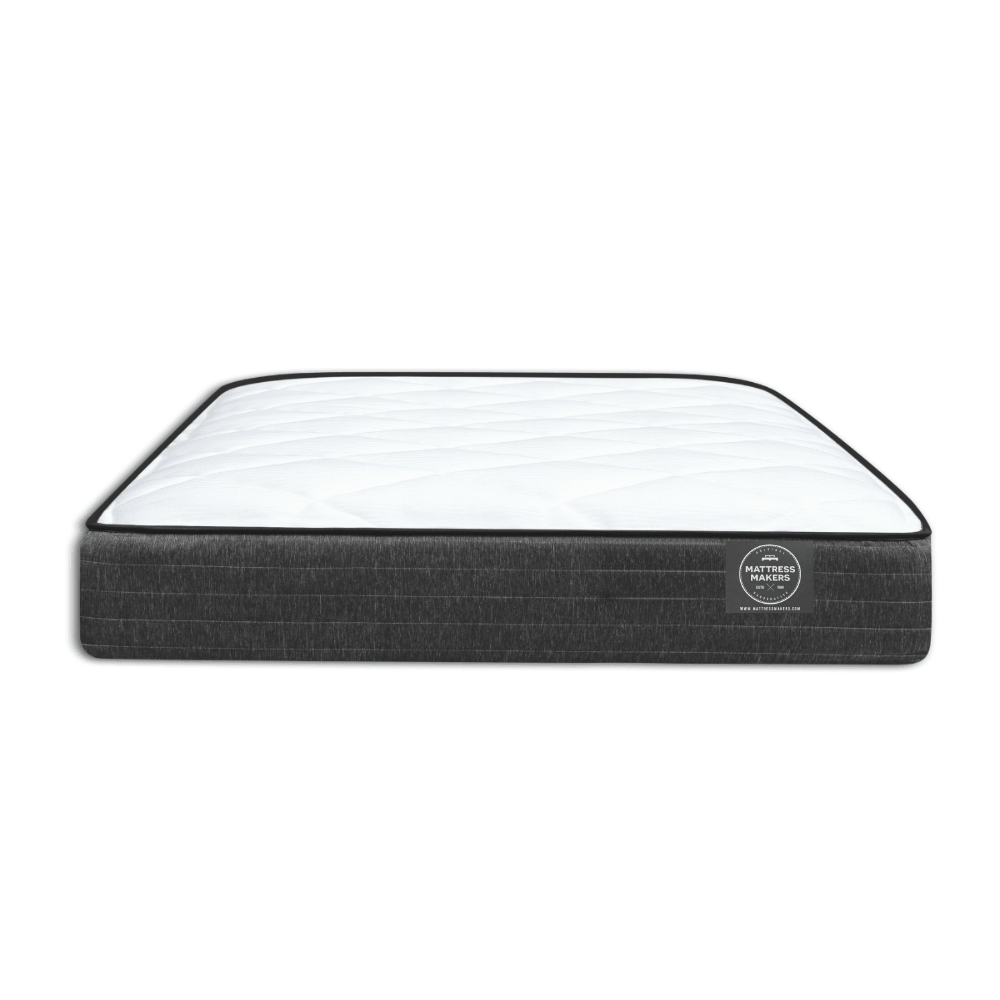 Grey and white Mattress Makers mattress with a white background