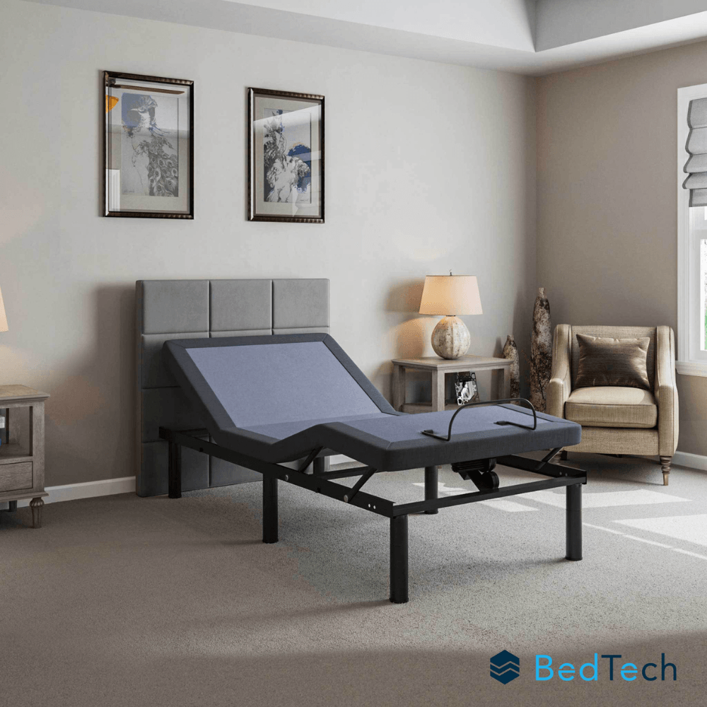 Adjustable bed in a bedroom setting with 'BedTech' logo.