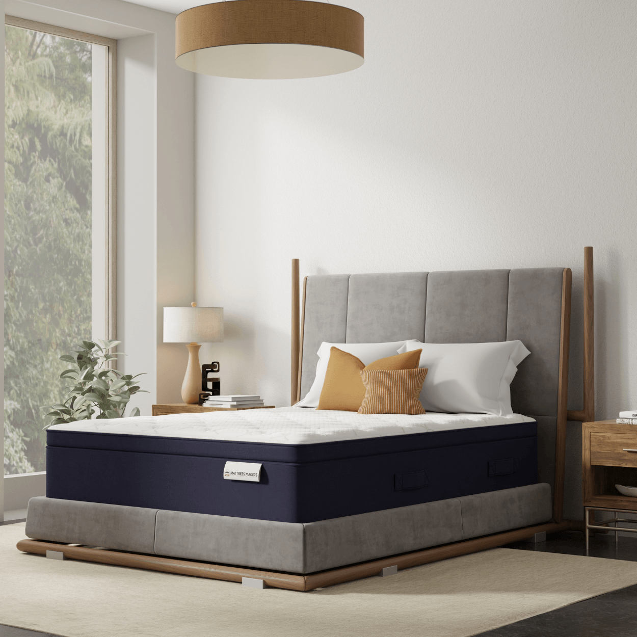 Bed with gray upholstered headboard, a Mattress Makers mattress, and wooden frame in a modern bedroom setting.
