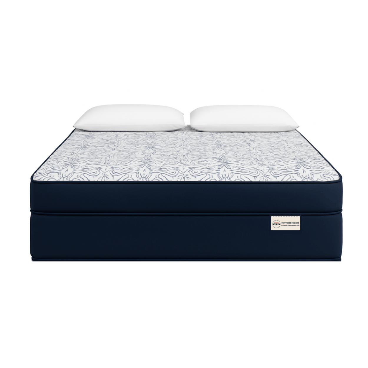 Blue Mattress Makers mattress with white pattern and two pillows on a white background
