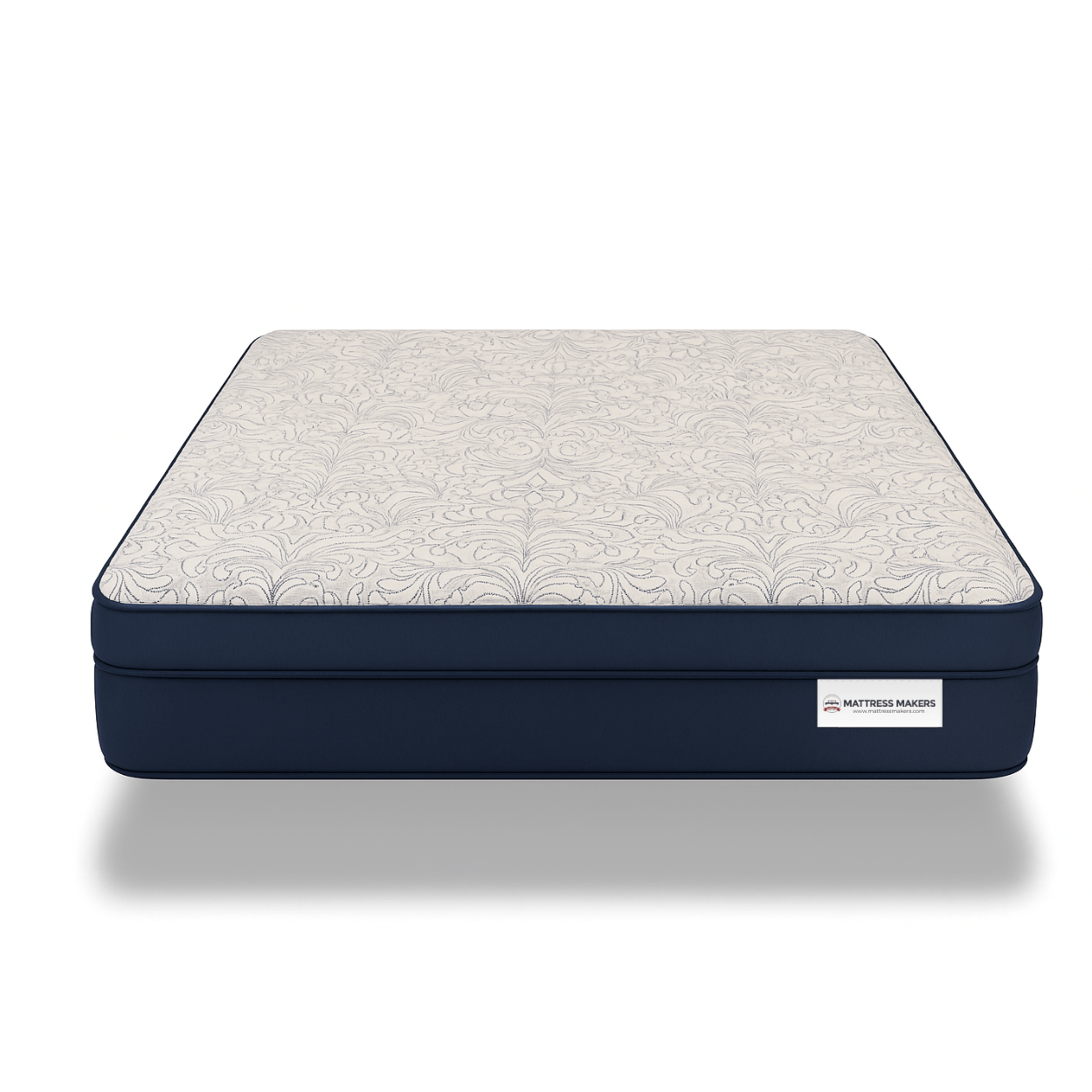 Mattress Makers mattress with a blue base and white top on a white background