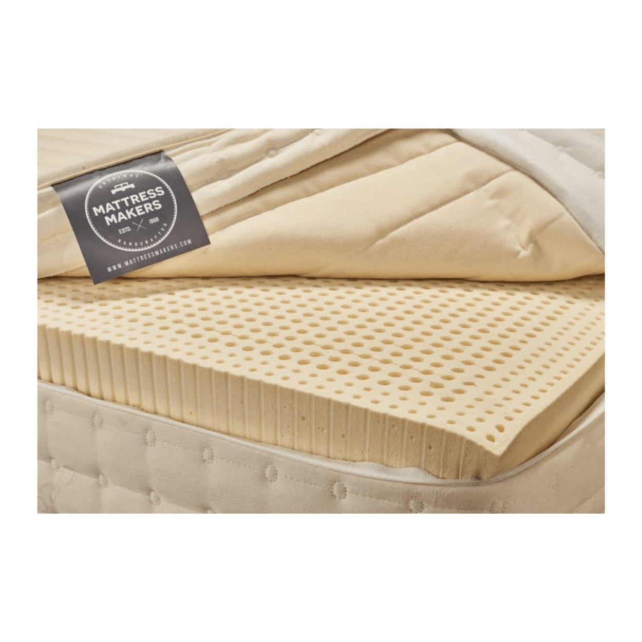 Beige mattress zipper topper with a Mattress Makers label on a white background