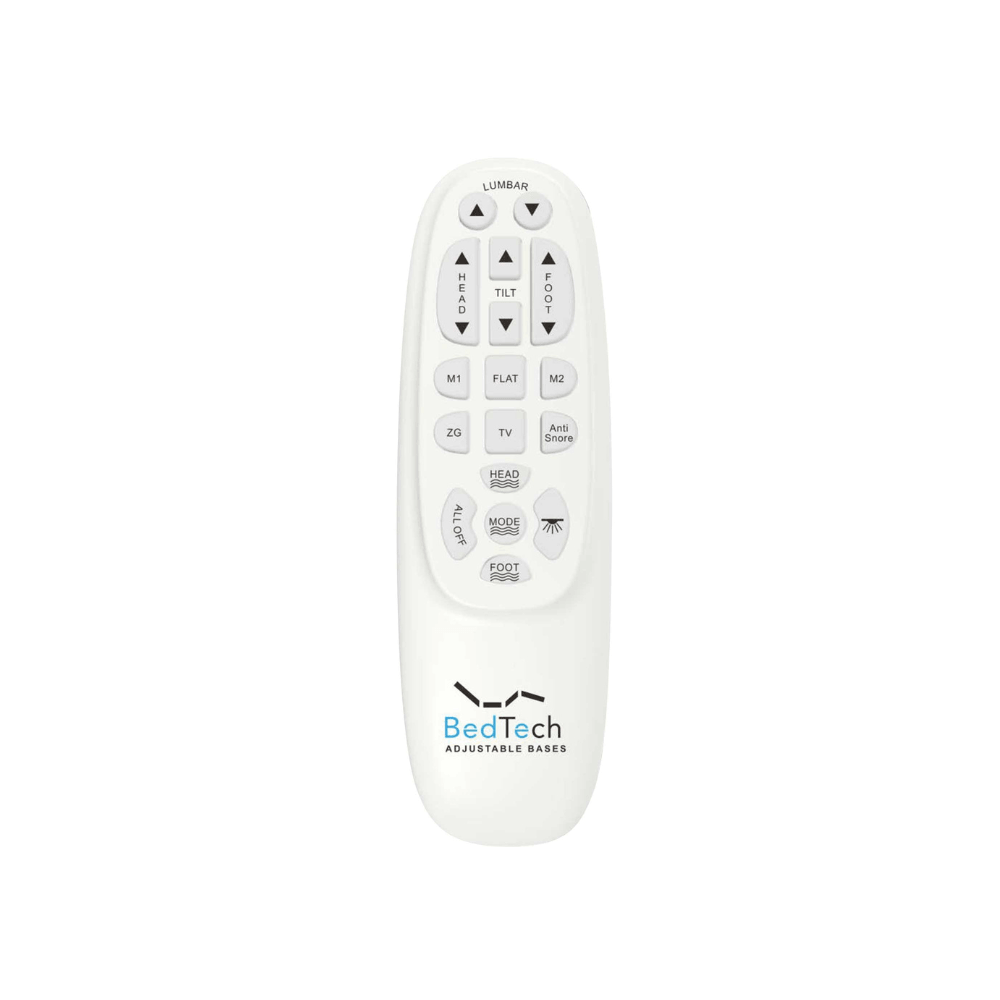 White remote control with 'BedTech' logo for an adjustable bed