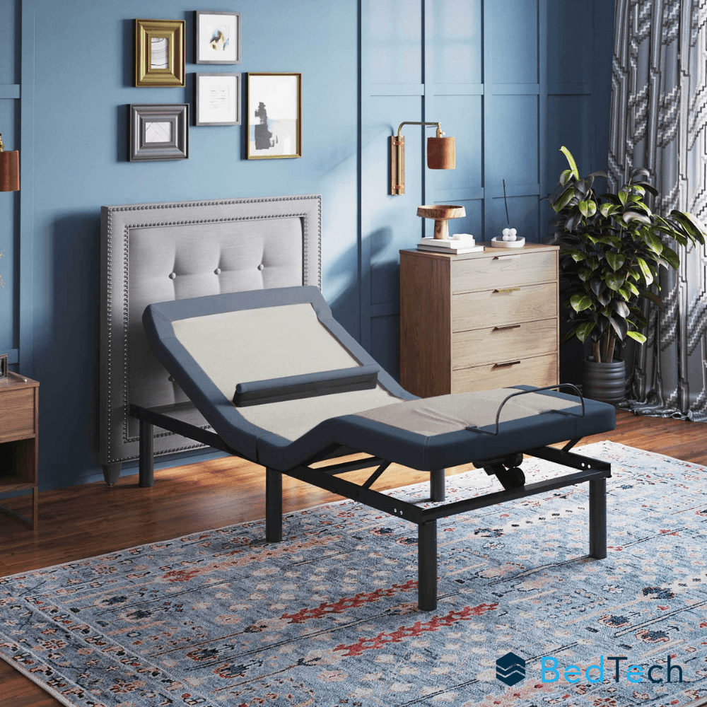 Adjustable BedTech bed in a bedroom setting with blue walls and a rug.