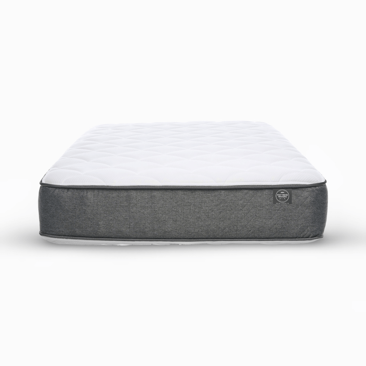 Gray and white Mattress Makers mattress on a white background