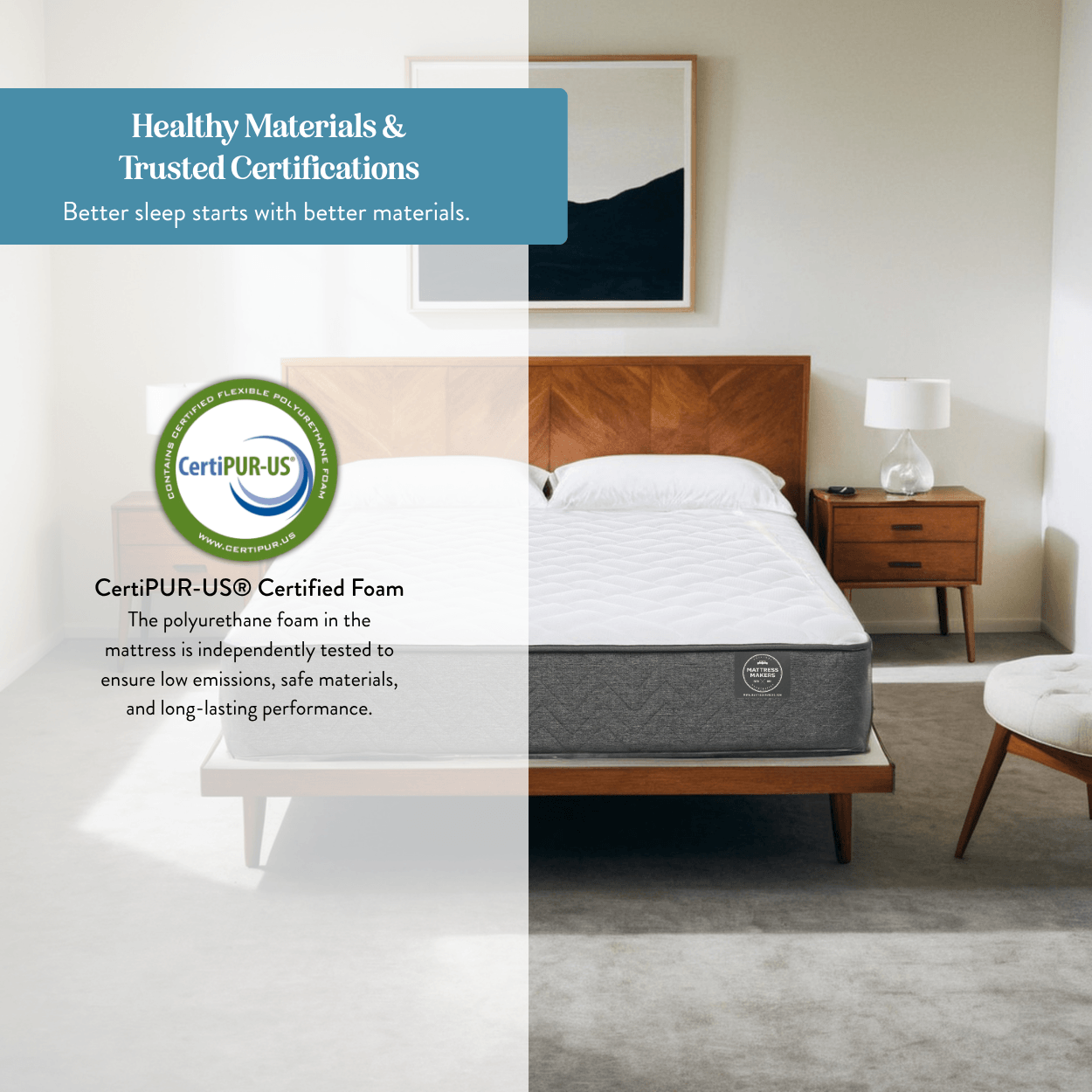 Mattress Makers mattress in a room with CertiPUR-US certification logo and text.