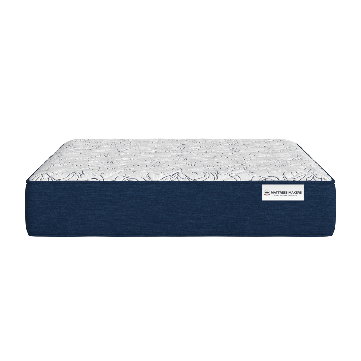 Mattress Makers mattress with a blue exterior and white interior on a white background