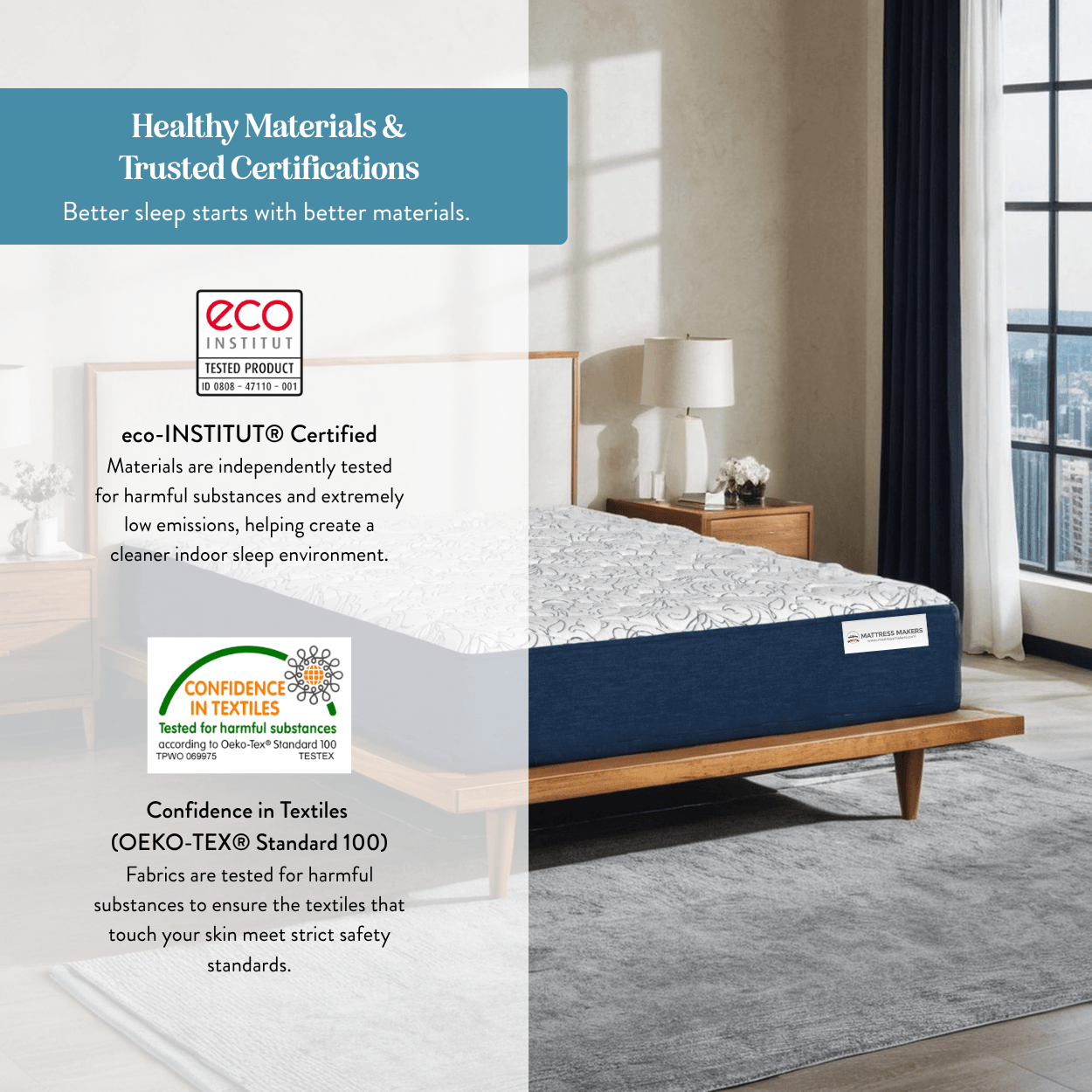 Mattress Makers mattress with eco-institut and confidence in textiles certifications in a bedroom setting.