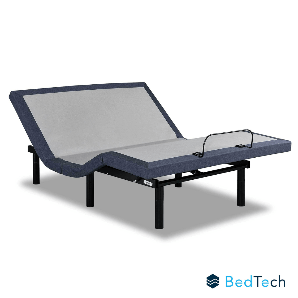 Blue adjustable bed base with 'BedTech' logo 