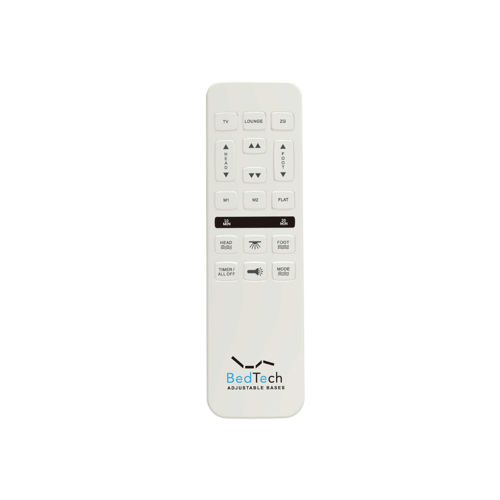 White remote control with BedTech logo for an adjustable bed
