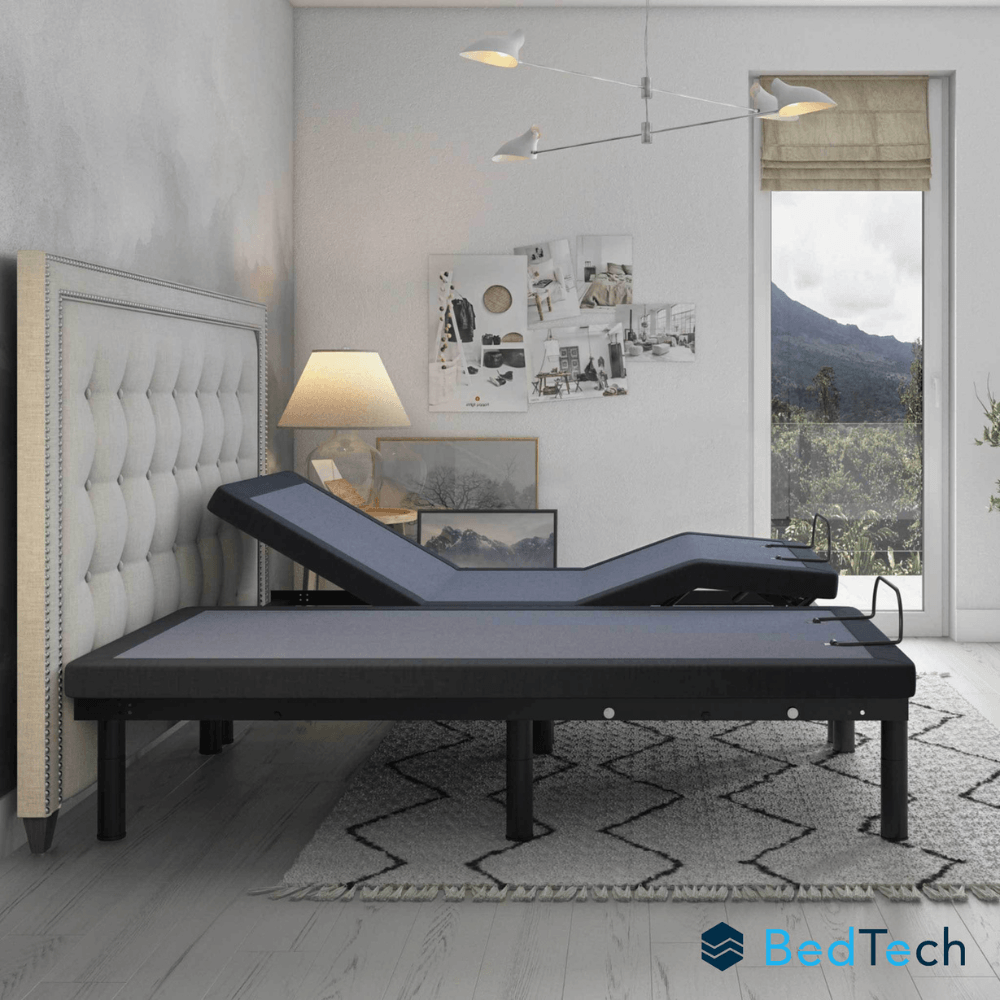 Adjustable bed in a modern bedroom setting with 'BedTech' logo.