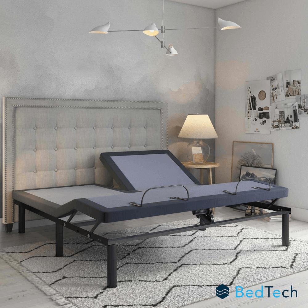Adjustable bed in a bedroom setting with 'BedTech' logo.