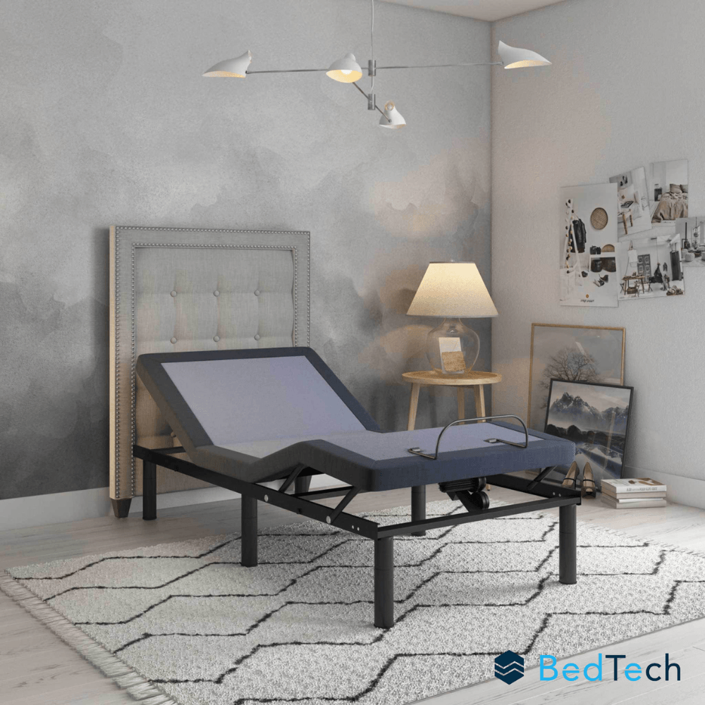 Adjustable bed in a bedroom setting with BedTech logo.