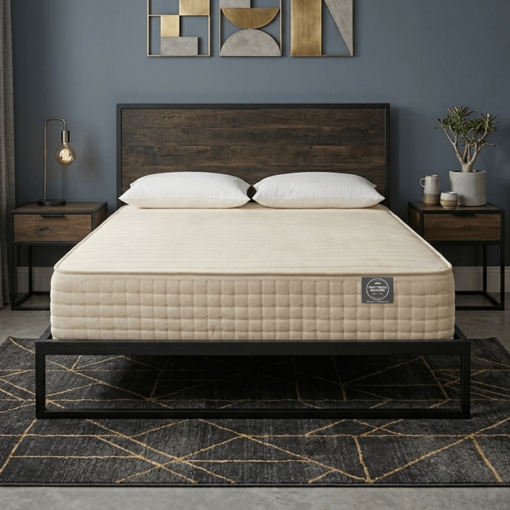 Beige Mattress Makers mattress on a wooden bed frame in a modern bedroom with abstract art on the wall.