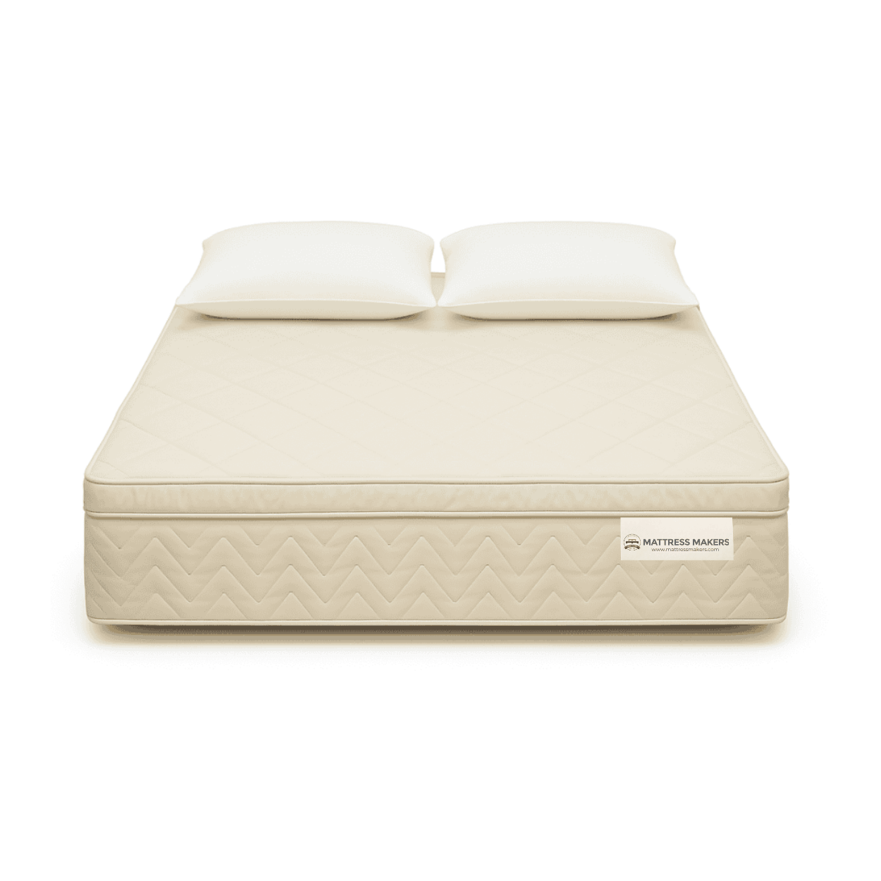 Beige mattress with white pillows on a white background, featuring the Mattress Makers logo.
