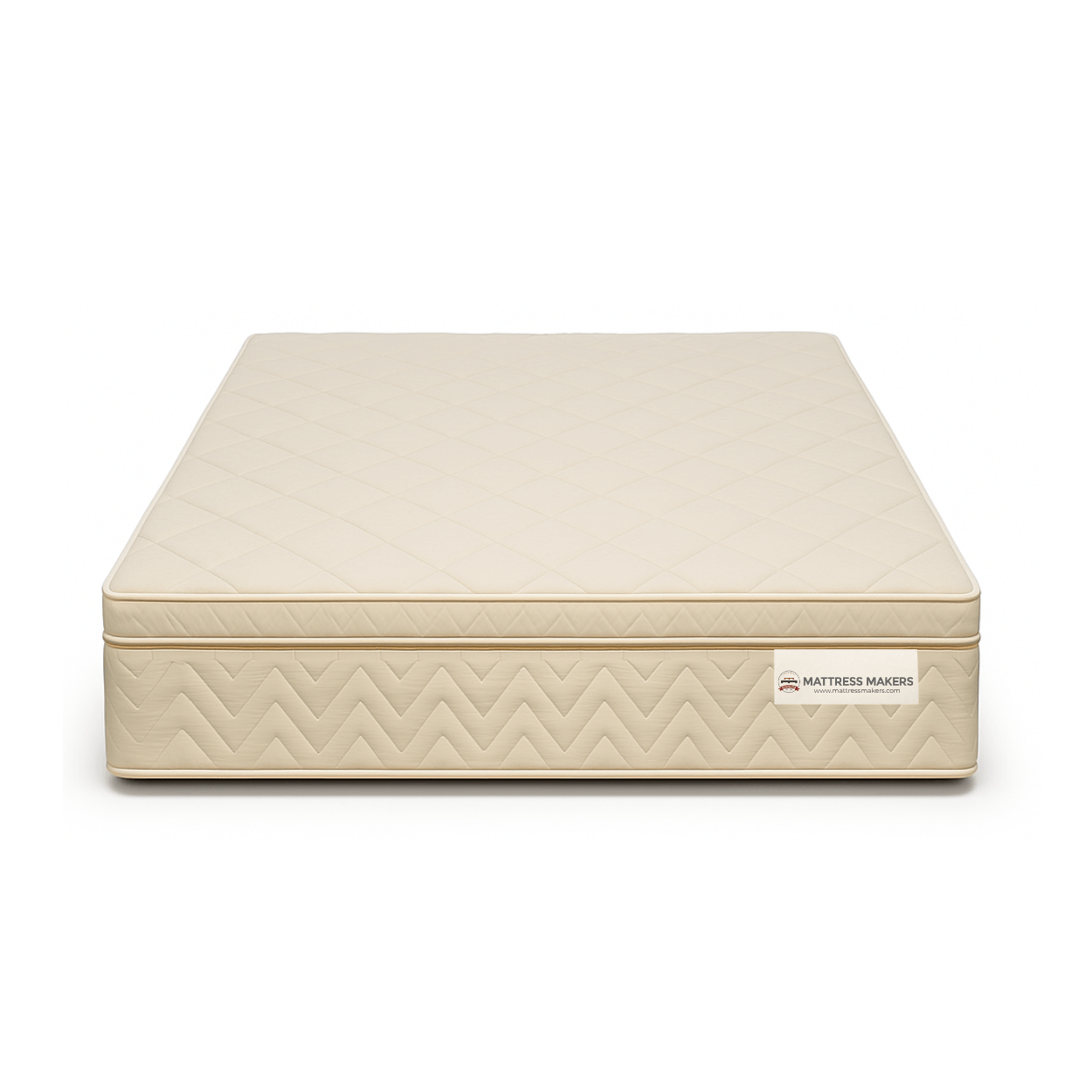 Beige mattress with a Mattress Makers label on a white background