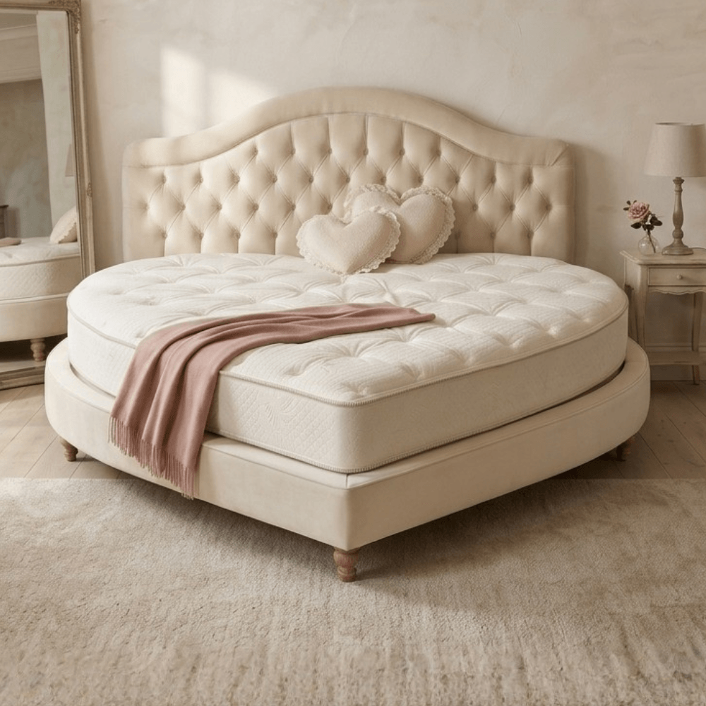 Beige upholstered Mattress Makers custom heart mattress on bed with tufted headboard in a bedroom setting