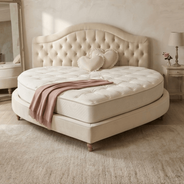 Beige upholstered Mattress Makers custom heart mattress on bed with tufted headboard in a bedroom setting
